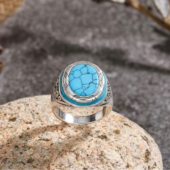 Blue Turquoise Color Stone Stainless Steel Ring - Picture 2 of 7
